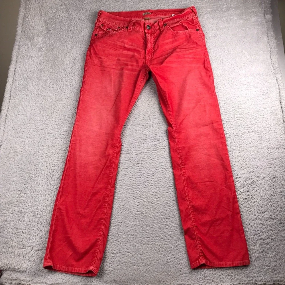 True Religion Ricky Relaxed Straight Jeans Mens 36 (37x33) Red Corduroy Y2K